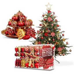Avilia 106 Piece Christmas Tree Decoration Kit in Red and Gold with Baubles, Flowers and Shatterproof Stars for Matching Christmas Decorations, Easy to Hang and Reuse