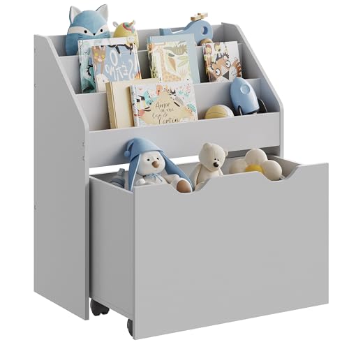 SONGMICS Kids Bookshelf and Toy Organiser, Toy Storage Chest and Bookcase with 3 Shelves, Storage Box with Wheels, Multipurpose, for Children's Room and Playroom, Dove Grey GKR041G10