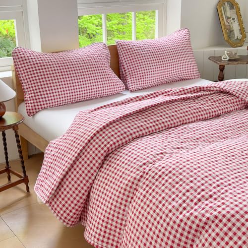 NSNLGSGC Red Gingham King Summer Bedspread Quilt Set - Pre-washed Microfiber,Lightweight Checked Grid Bedding Coverlets for All Seasons