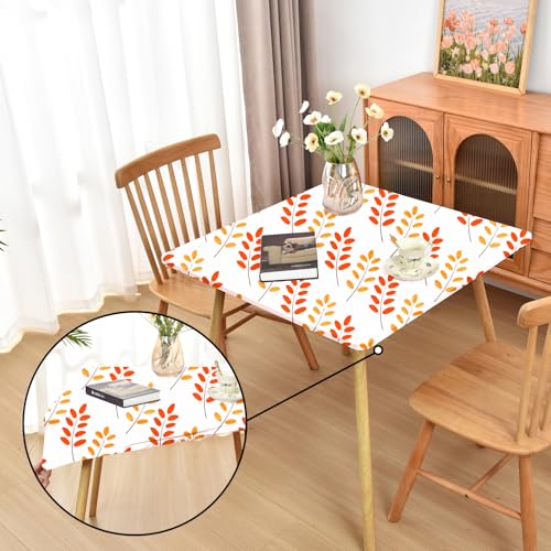 Amonsa Square Fall Tablecloth Fitted Fabric Table Cloth with Elastic: Washable Anti-Wrinkle Card Table Cover Protector for Outdoor Party Orange and Gold Leaf 34x34 Inch