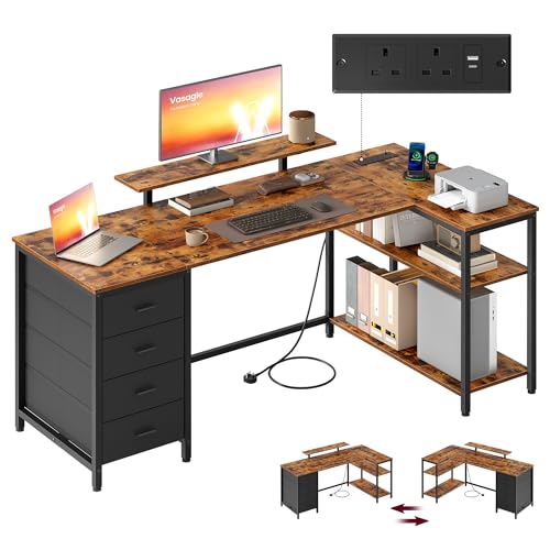 VASAGLE L Shaped Corner Desk with Power Outlets, Computer Gaming Desk with Storage, Reversible Layout, Adjustable Shelves, 4 Drawers, 2 USB Ports, Home Office, 160 x 80 cm, Rustic Brown LWD173KD02