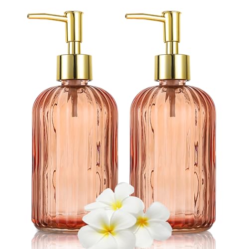 2 Pack Versatile Glass Soap Dispenser Bottle with Pump, 17 Oz Dripless Pump Bottle, Refillable Liquid Hand Jar Dispenser for Bathroom, Countertop, Kitchen, Laundry Room - Amber