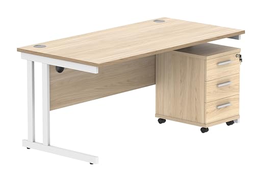 Office Hippo Heavy Duty Rectangular PC Office Desk with Storage, 3 Drawer Mobile Pedestal, White Frame, Canadian Oak Top, 160 x 80 x 73 cm