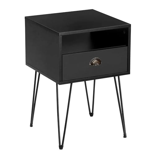VECELO Bedside Table, Modern Sofa Side Cabinet with Drawer and Open Storage Shelf, Wooden Nightstand with Metal Legs for Bedroom, Living Room, Engineered Wood, Black, 40x40x60 cm