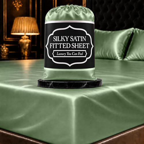DECOLURE Satin Fitted Sheet Twin Size (1 PC) ??? Luxuriously Smooth & Softer Than Silk Bed Sheets w/ 15 Inch Deep Pocket Hypoallergenic Wrinkle Free, Secure Snug Fit, Elastic Corner Straps (Sage Green)