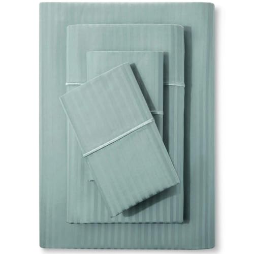 "Feather & Stitch 500 TC California King Size Damask Bed Sheet Set,100% Cotton Soft Breathable Bedsheets 4 Piece 18"" Deep Pockets Sateen Weave Striped Bedding - (Granite Green)"