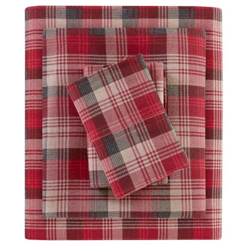 "Woolrich Cotton Sheet Set Cottage Charms Print, 100% Cotton Flannel Sheets Warm & Fuzzy Bedding Set Queen Size Sheets, Fitted Pocket Fits Up to 14"" Mattress, Queen Red Plaid, 4 Piece"