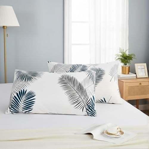 "Cozaline King Size Pillowcases Set of 2, 100% Cotton Pillow Cases, Navy Grey Palm Leaf Print, Soft Breathable Envelope Closure Pillow Covers(King, 20""x36"")"