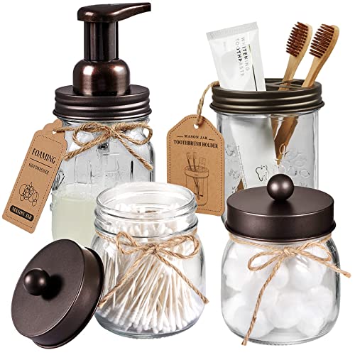 Mason Jar Bathroom Accessories Set 4 Pack - Foaming Soap Dispenser&2 Qtip Holders&Toothbrush Holder-Rustic Farmhouse Decor Bathroom Organizer Apothecary Jar Country Countertop (Bronze)