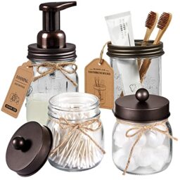 Mason Jar Bathroom Accessories Set 4 Pack - Foaming Soap Dispenser&2 Qtip Holders&Toothbrush Holder-Rustic Farmhouse Decor Bathroom Organizer Apothecary Jar Country Countertop (Bronze)