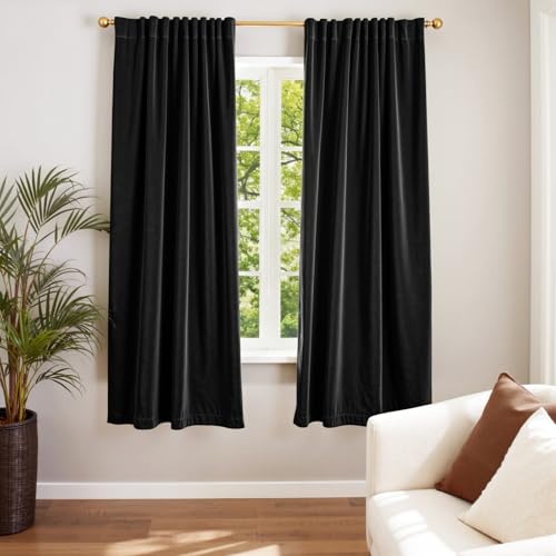 "Lazzzy Velvet Blackout Curtains Thermal Insulated Room Window Drapes Super Soft Luxury Curtains for Living Room Bedroom Rod Pocket 2 Panels, Black, 52"" W x 72"" L"