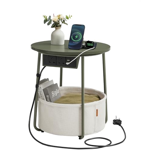 VASAGLE Side Table with Charging Station, Round End Table with Power Outlets, USB Ports, Fabric Basket, Living Room, Bedroom, Bedside Table, Modern, Forest Green and Cream White LET228C06