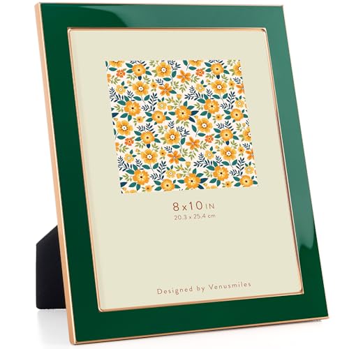 8x10(20x25cm) Green Enamel Picture Frame, HD Real Glass, Gold Edge - Aluminum Alloy Frame with Tempered Glass & Slide-in Back, for Wall & Tabletop Display, Family Office Gallery