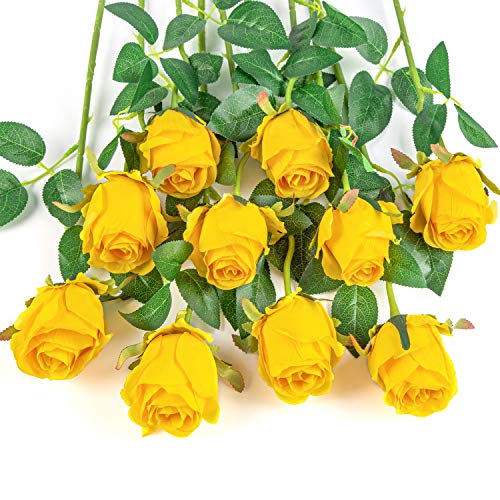 Flojery 10pcs Artificial Rose Flowers Long Stem Fake Silk Roses for DIY Wedding Bouquet Table Centerpiece Home Decor (Yellow)