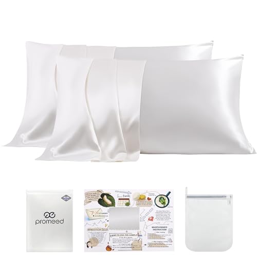 "PROMEED White Silk Pillowcase 2 Pack for Hair and Skin, Both Sides 100% 23 Momme Mulberry Silk Pillow Case Set of 2 with Hidden Zipper, Soft and Breathable (Standard 20""x26"", White)"