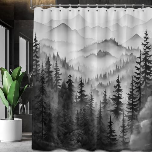 Mountain Shower Curtain Forest Nature Shower Curtains for Bathroom, Rustic Woodland Pine Tree Landscape Bathtub Curtain Men Bath Decor, Waterproof Fabric with Hooks (Black and White,70''W x 78''L)