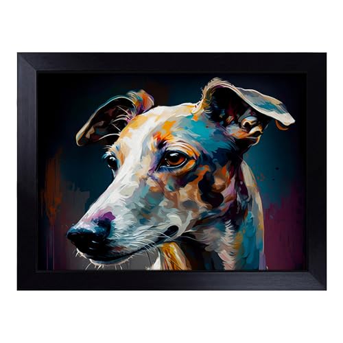 Lap Tray with Bean Bag Cushion, Whippet Palette Knife Painting - Handmade in the UK, Raised Wooden Edge, Padded Cushion, Heat-Resistant Wipe-Clean Surface, for Meals, Laptops and Crafts