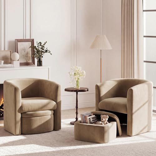 MALOL Velvet Accent Chair with Ottoman Storage Box Set of 2, Wooden Frame Armchair with Footstool, Single Sofa Chair, Arm Chairs for Living Room Bedroom Reading Spaces Office, Khaki