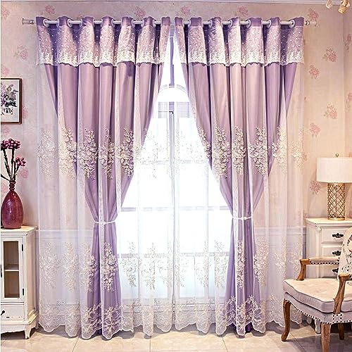 Amidoudou 1 Pair European Double Layer Curtains Luxury Flower Embroidered Curtains for Living Room Bedroom (Purple,52x102 Inch)