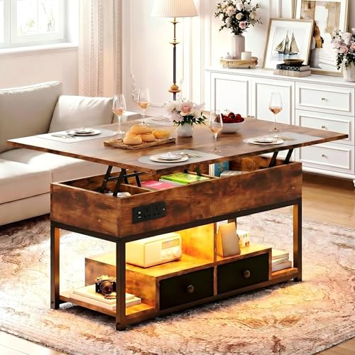 IRONCK Lift Top Coffee Table, Living Room Table with LED Lights, USB and Type-C Ports, Wooden Tea Table with Hidden Storage and 2 Drawers, Convertible Centre Table, 100×80cm, Retro Brown