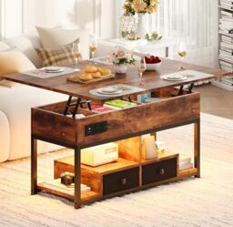 IRONCK Lift Top Coffee Table, Living Room Table with LED Lights, USB and Type-C Ports, Wooden Tea Table with Hidden Storage and 2 Drawers, Convertible Centre Table, 100×80cm, Retro Brown