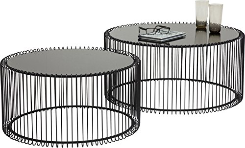 Kare Design Wire Coffee Table Set of 2, Black, 70 cm Diameter, Living Room Table, Loft Style, Metal Frame, Glass Top, 2 Levels, Round, Compact, Living Room