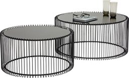 Kare Design Wire Coffee Table Set of 2, Black, 70 cm Diameter, Living Room Table, Loft Style, Metal Frame, Glass Top, 2 Levels, Round, Compact, Living Room