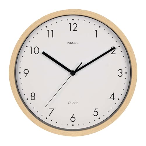 MAUL MAULgrain Wall Clock 30 cm Round with Quartz Movement without Ticking Noises Plastic Frame in Wood Look