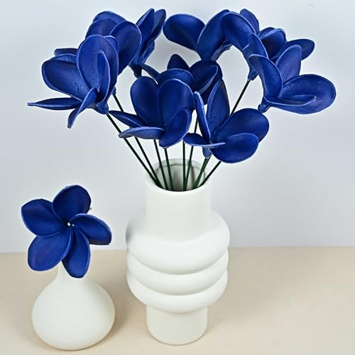 FaFaVila 10pcs Gradient Navy Blue Color PU Real Touch Lifelike Artificial Hawaiian Plumeria Frangipani Flower Detachable Flower Stems Wedding Home Party Decoration