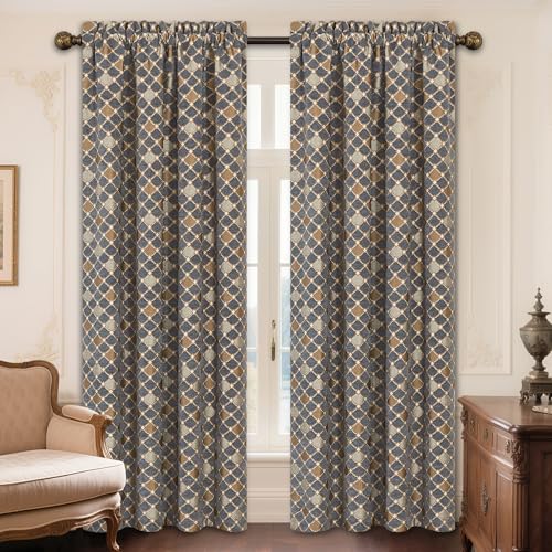Loom and Mill Elegant Chenille Window Curtain Panels for Bedroom Living Room, Chic Checkered Pattern Jacquard Curtains 84 inches Long with Lining and Matching Tiebacks, Rod Pocket(2 Panels, 52x84)