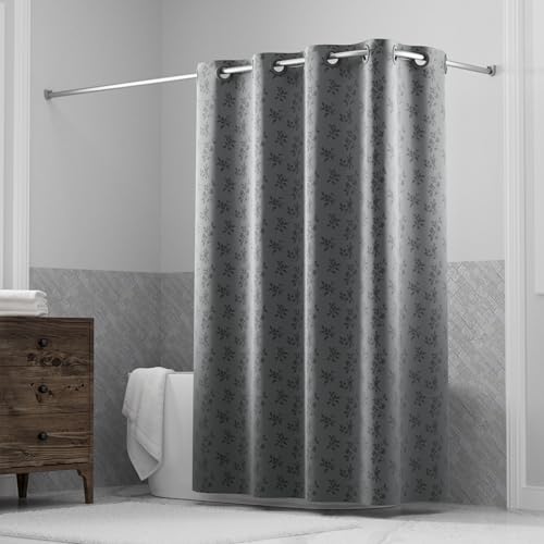 "Hookless It's A Snap! Jacquard Shower Curtain, 3-in-1 Curtain Includes Fabric Shower Curtain with Flex-On Rings & Fabric Liner with Magnets, 71"" x 74"", Botanical Leaves Print, Gray"