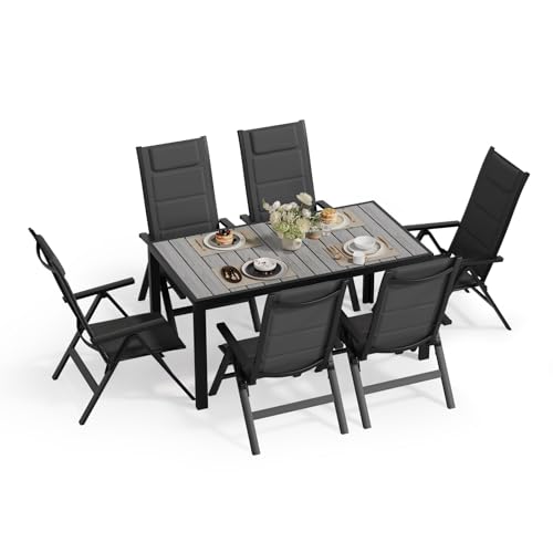 JUMMICO Garden Table and Chairs, 5-Position Adjustable Aluminium Armchair with Wooden Table, Weatherproof Patio Furniture for Balcony and Garden