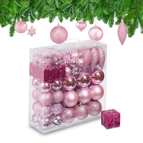 Relaxdays Christmas Baubles, Set of 110, Glittery, Matt & Shiny Ornaments, Plastic Decorations, HxD: 9 x 8 cm, Pink