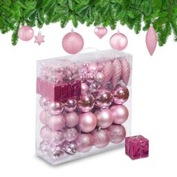 Relaxdays Christmas Baubles, Set of 110, Glittery, Matt & Shiny Ornaments, Plastic Decorations, HxD: 9 x 8 cm, Pink