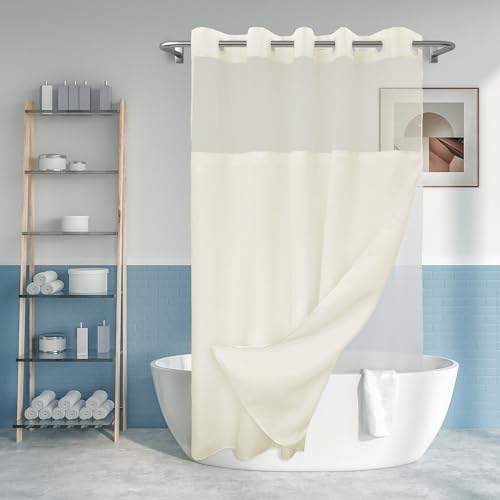 "River Dream No Hook Slub Textured Shower Curtain with Snap-in PEVA Liner Set - 71"" x 74""(72""), Hotel Style Cream Shower Curtain with Sheer Top Window, Water Repellent, Sand, W71xH72"