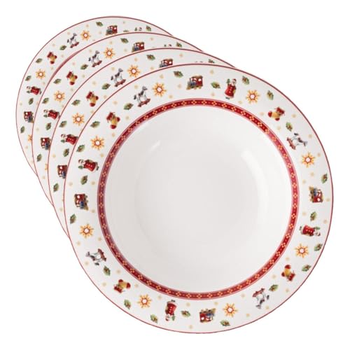 Villeroy & Boch Toy's Delight Specials Soup Plate - Deep Dish for Soups, Salads and Pasta - Christmas Tableware, 23 cm ??, Porcelain, Dishwasher and Microwave-Safe, White/Red (Pack of 4)