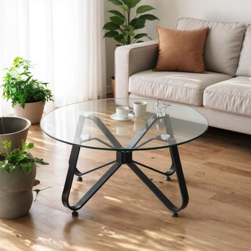 FurnitureR Living Room Tables, Minimalist Round Coffee Table with Tempered Glass Top, Artistic Butterfly Base, for Home, Living Room, Patio, Garden, 80 x 80 x 40 cm