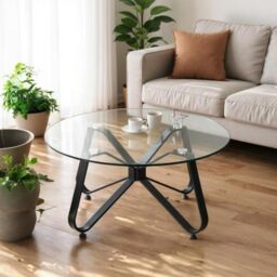 FurnitureR Living Room Tables, Minimalist Round Coffee Table with Tempered Glass Top, Artistic Butterfly Base, for Home, Living Room, Patio, Garden, 80 x 80 x 40 cm