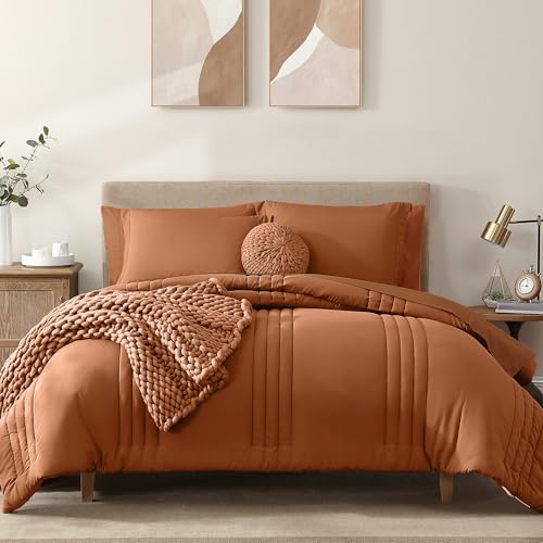 Monbix Burnt Orange Full Size Comforter Sets, 7 Piece Full Size Bed Covers Bedding Sets, Warm Comforters, Bed in A Bag with Sheets, Pillowcases & Shams (Burnt Orange, Full, 80''x90'')