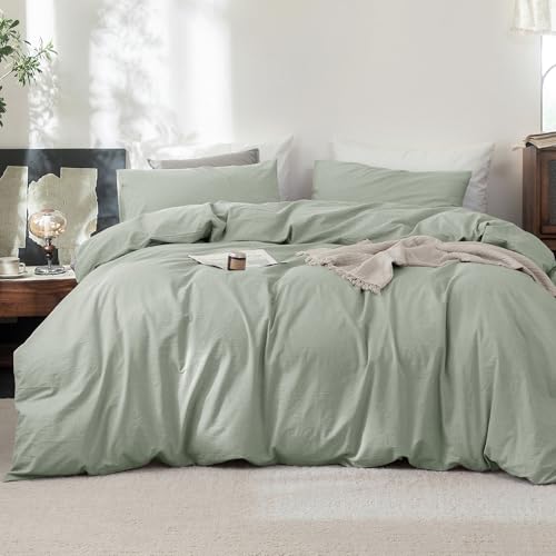 FOSSA Duvet Cover Set 100% Washed Cotton Linen Feel Oversized Queen - Super Soft Breathable Lightweight & All Season Bedding Set with Hidden Zipper & 8 Corner Ties (Sage Green)