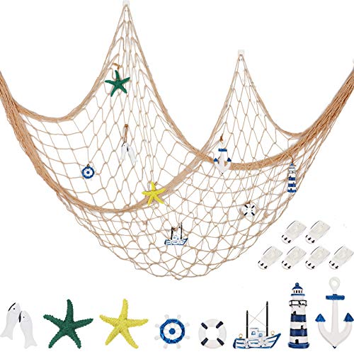 Jetec 79 x 40 Inch Fish Net Decorations for Party, Natural Hawaiian Party Fishing Net Decor, 8 Pieces Starfish, Sailboat, Lighthouse, Life Ring, Rudder, Anchor Clear Hook for Ocean Beach