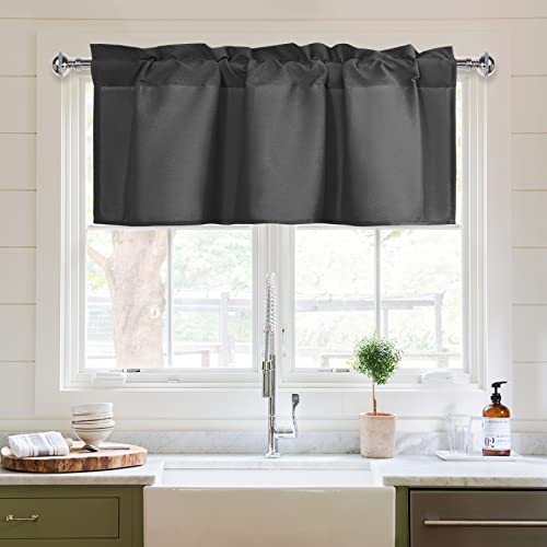 XWZO Kitchen Valances Curtains for Windows Living Room Bedroom Bathroom Toppers Farmhouse Style Rustic Dinning Room Blackout Thermal Insulated Rod Pocket, W42 x L16 Inch Length, Dark Grey, 1 Panel.