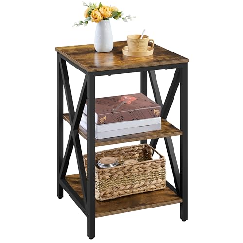 Yaheetech 3-Tier Side Table, Wooden X-Design End Table with Storage Shelf and Sturdy Metal Frame, telephone table for Bedroom, Sitting Room, Living Room, 39.5x39.5x62cm, Rustic Brown