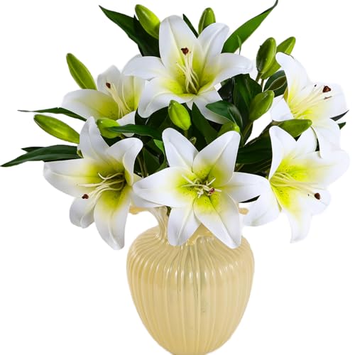Kimura's Cabin 6Pcs Artificial Tiger Lily Flowers Real Touch Plastic Easter Spring Fake Lilies Bouquet Wedding Table Centerpiece Home Office Decor, Cemetery Grave Decorations (White)