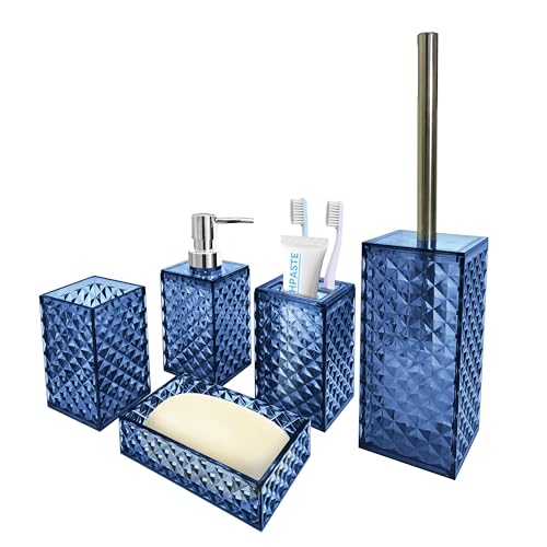 Seeatoo Bathroom Accessory Set, 5 PCS Blue Bathroom Accessories Sets Complete, Soap Dispenser, Toothbrush Holder, Soap Dish, Mouthwash Cup and Toilet Brush, Modern Bathroom D??cor