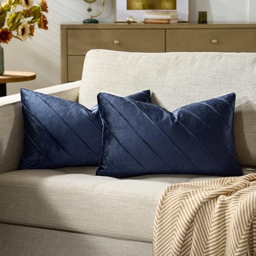 GIGIZAZA Navy Velvet Pillow Covers 12x20, Set of 2 Couch Decorative Throw Pillows Covers Modern Cases Living Room Lumbar Cushion Accent Stripe Covers