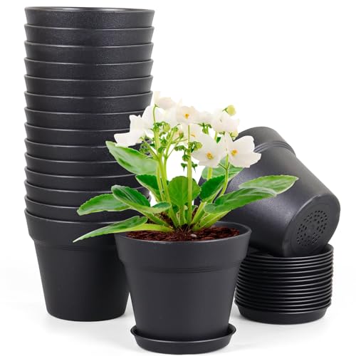 Meowell 6 inch Nursery Pots, 16 Pack Plastic Plant Pots for Indoor Outdoor Plants, Flower Pots with Drainage Holes and Saucers, Decorative Seedling Starter Planters for House Plants, Black