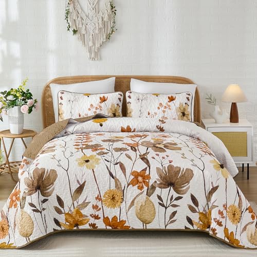 "Anibedding Brown Quilt Set King Size, Floral Bedspread with 2 Pillowcases, Soft Microfiber Lightweight Coverlet Bedding Set for All Season(104""x90"")"