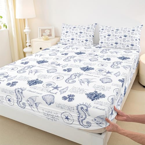 Coastal Fitted Sheet Twin Size,Seashell Conch Seahorse Starfish Coral Bedding Set 2Pcs,Ocean Beach Nautical Bed Sheet for Kids Teens Adult Room Decor,Navy White Deep Packet Sheet,1 Pillowcase