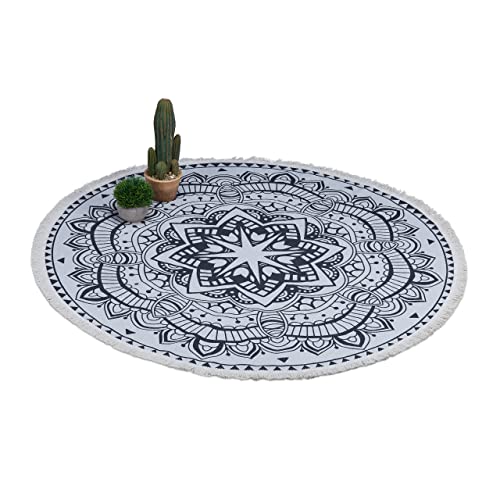 Relaxdays Round Bohemian Mandala Rug, Diameter 120 cm, Cotton Rug with Fringes, Non-Slip, Cream/Black